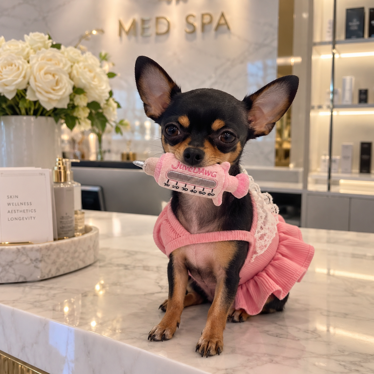 Chihuahua at a med spa with a funny parody plush dog toy, a gift for nurses who love dogs