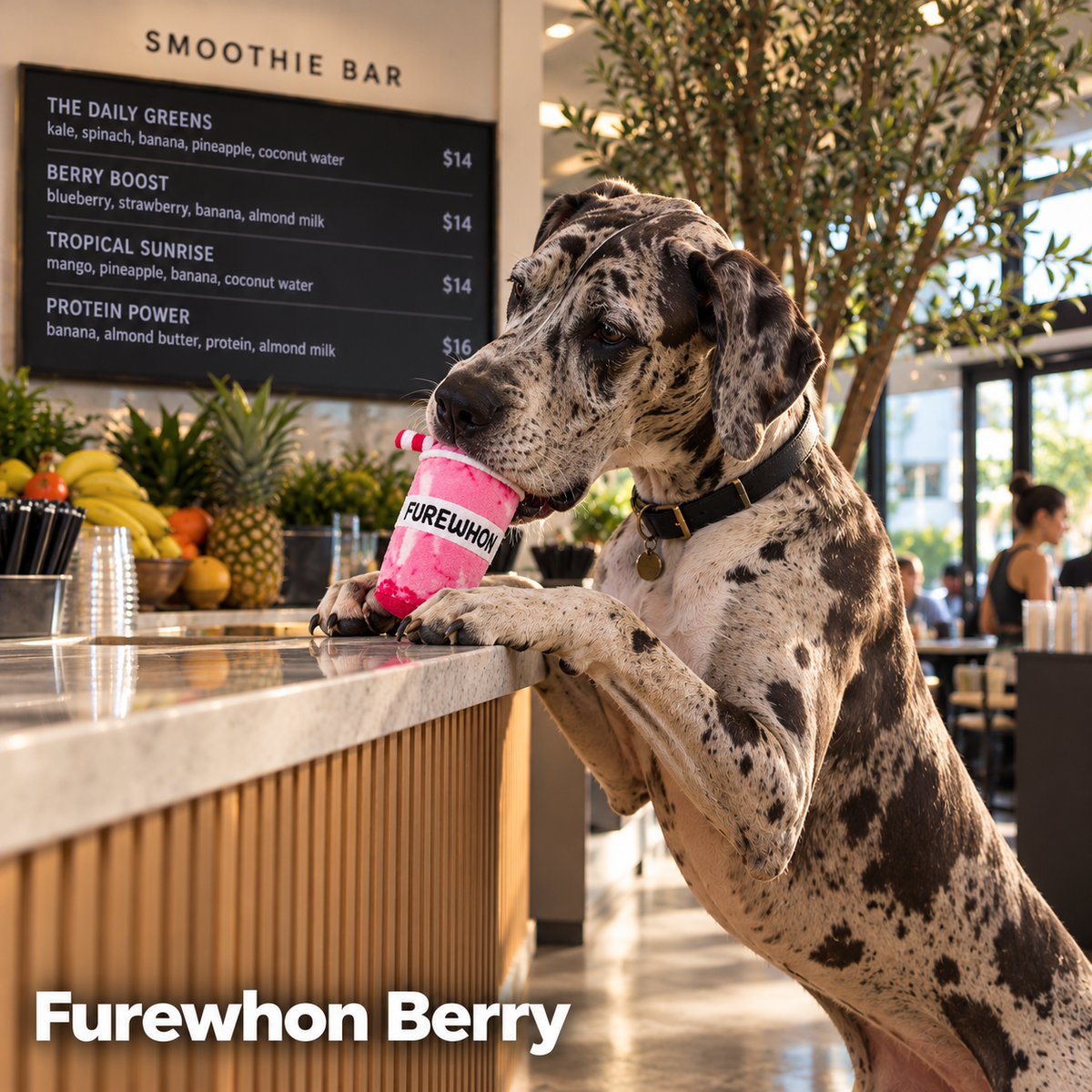 Great Dane grabbing the Furewhon Smoothie funny parody plush dog toy