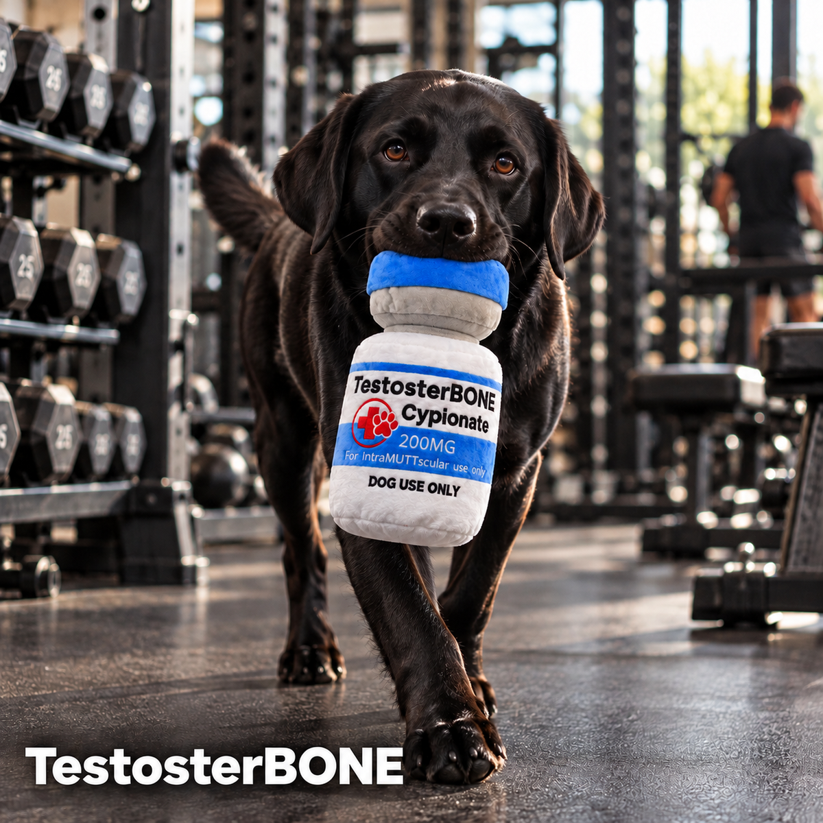 Dog carrying the TestosterBONE funny parody plush toy through a gym