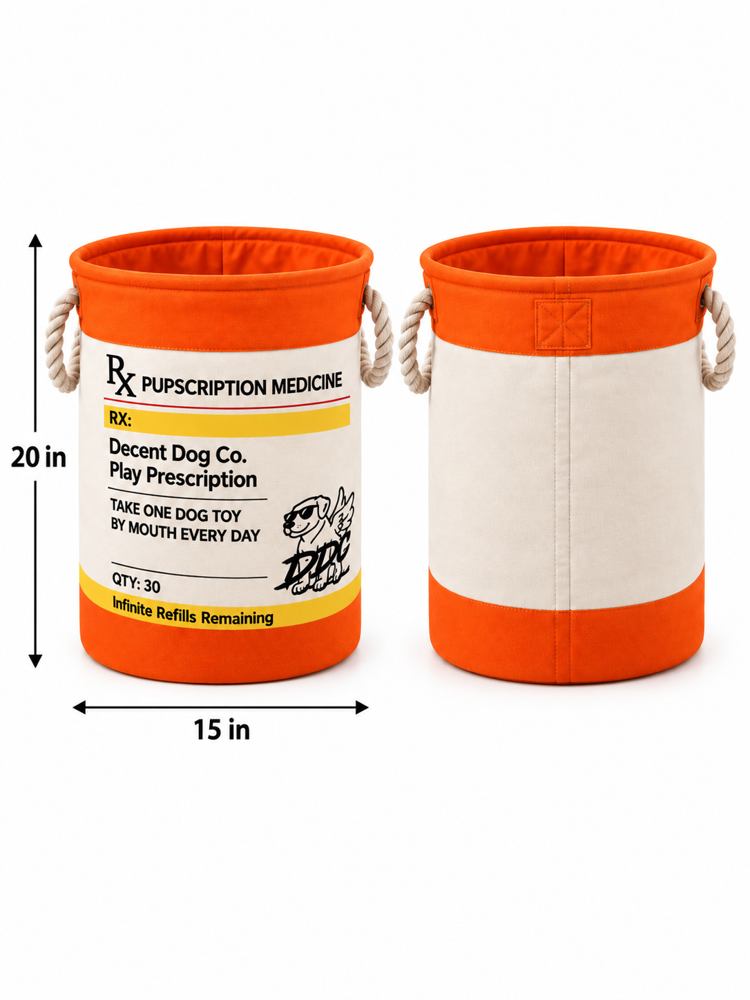PUPscription Rx dog toy basket, funny prescription-themed toy storage bin – photo 3