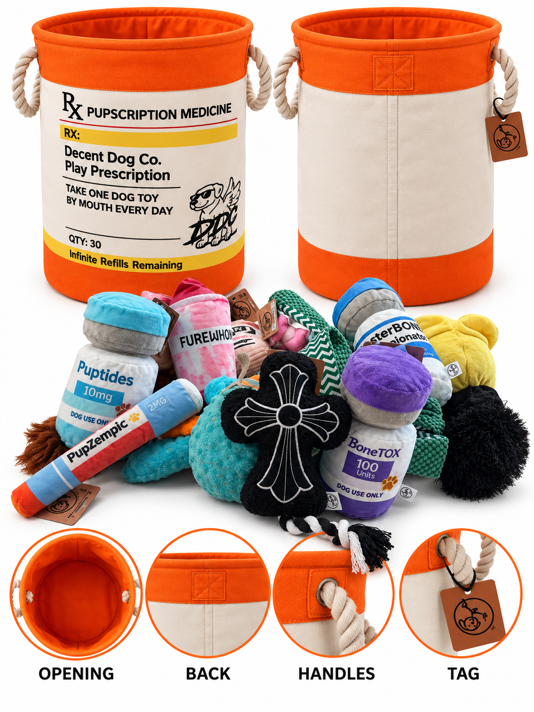 PUPscription Rx dog toy basket, funny prescription-themed toy storage bin – photo 2