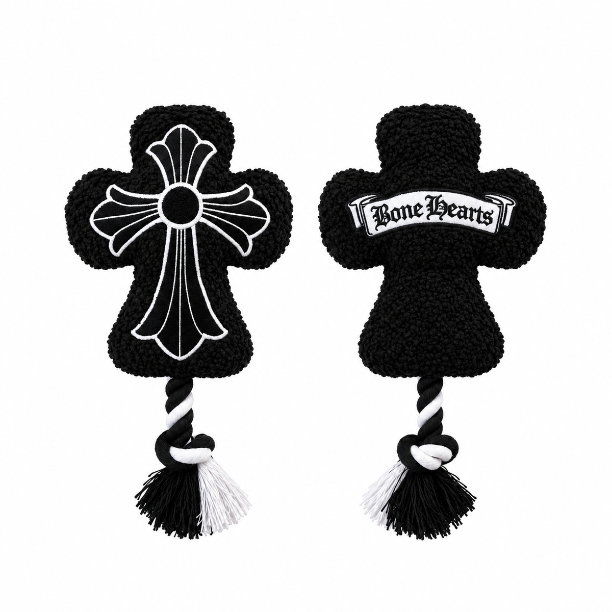 Bone Hearts funny luxury parody plush dog toy with knotted rope