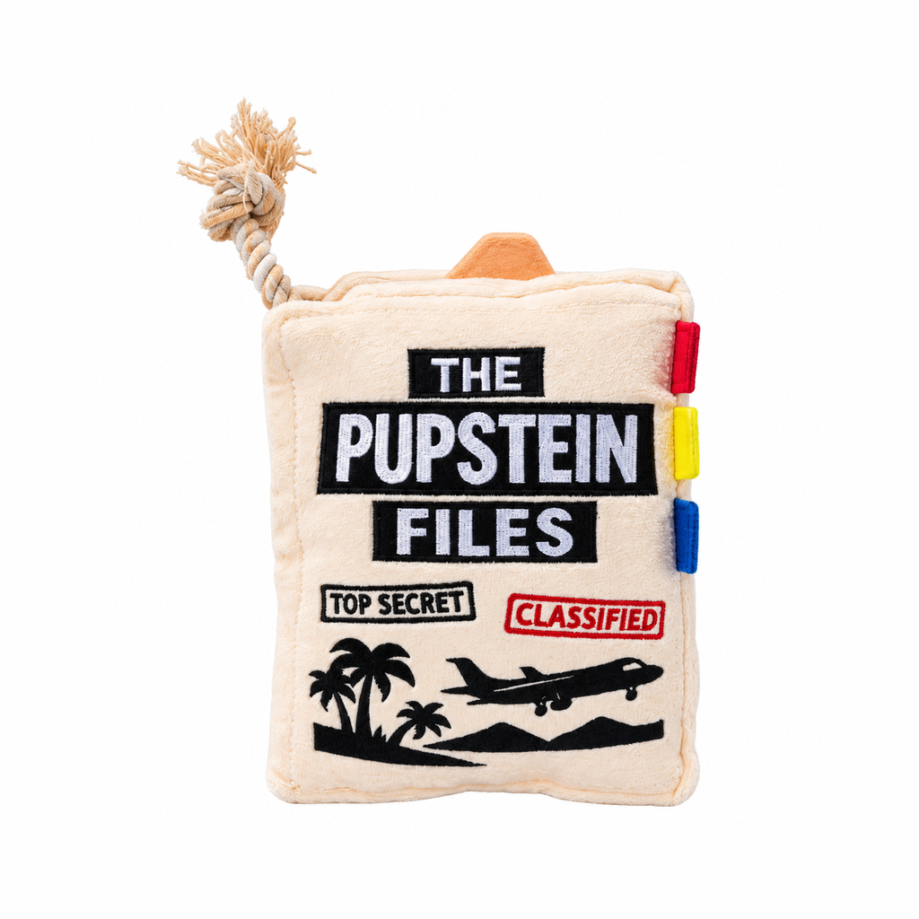 Pupstein Files funny case file parody plush dog toy with rope