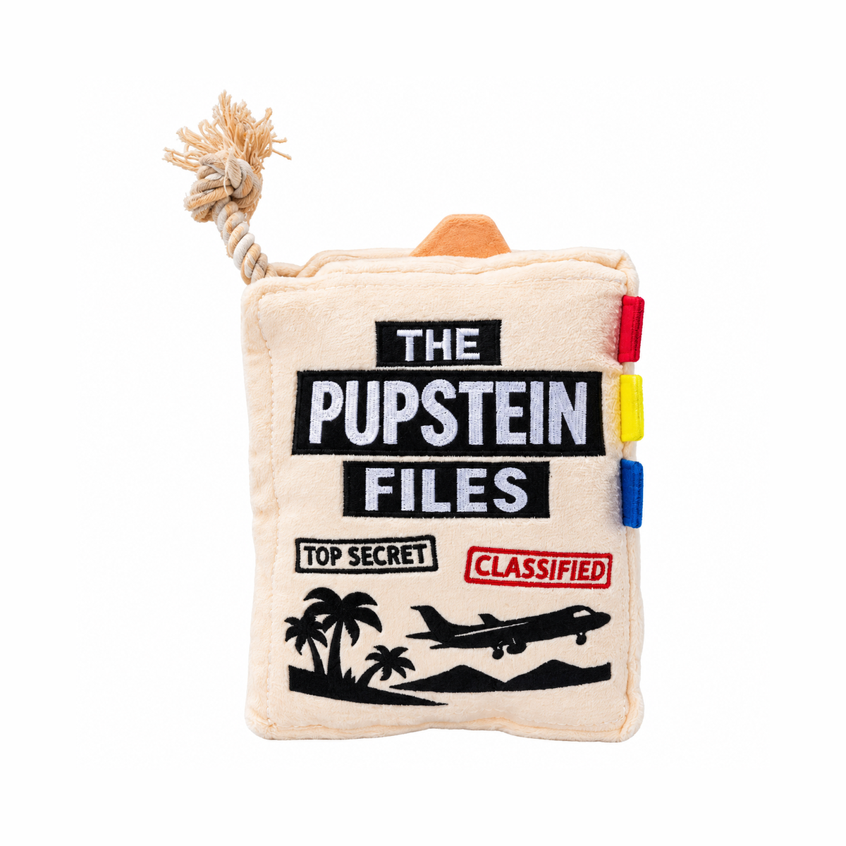 Pupstein Files funny case file parody plush dog toy with rope