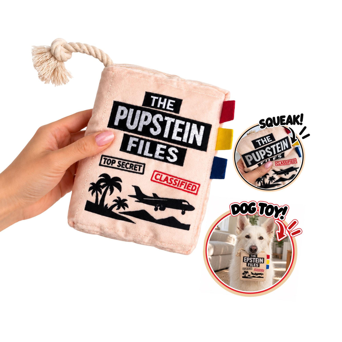 Pupstein Files funny case file parody plush dog toy with rope – photo 3